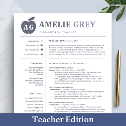 The Art of Resume Templates | Professional Teacher Blue Grey Resume CV Template | Curriculum Vitae for Apple Pages, Microsoft Word, Mac, PC