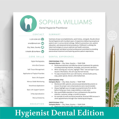 The Art of Resume | Dental Hygienist Dentist Resume CV Template Design Bundle Teal