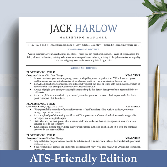 Professional ATS Resume CV Template | Applicant Tracking System Friendly | One-Column CV