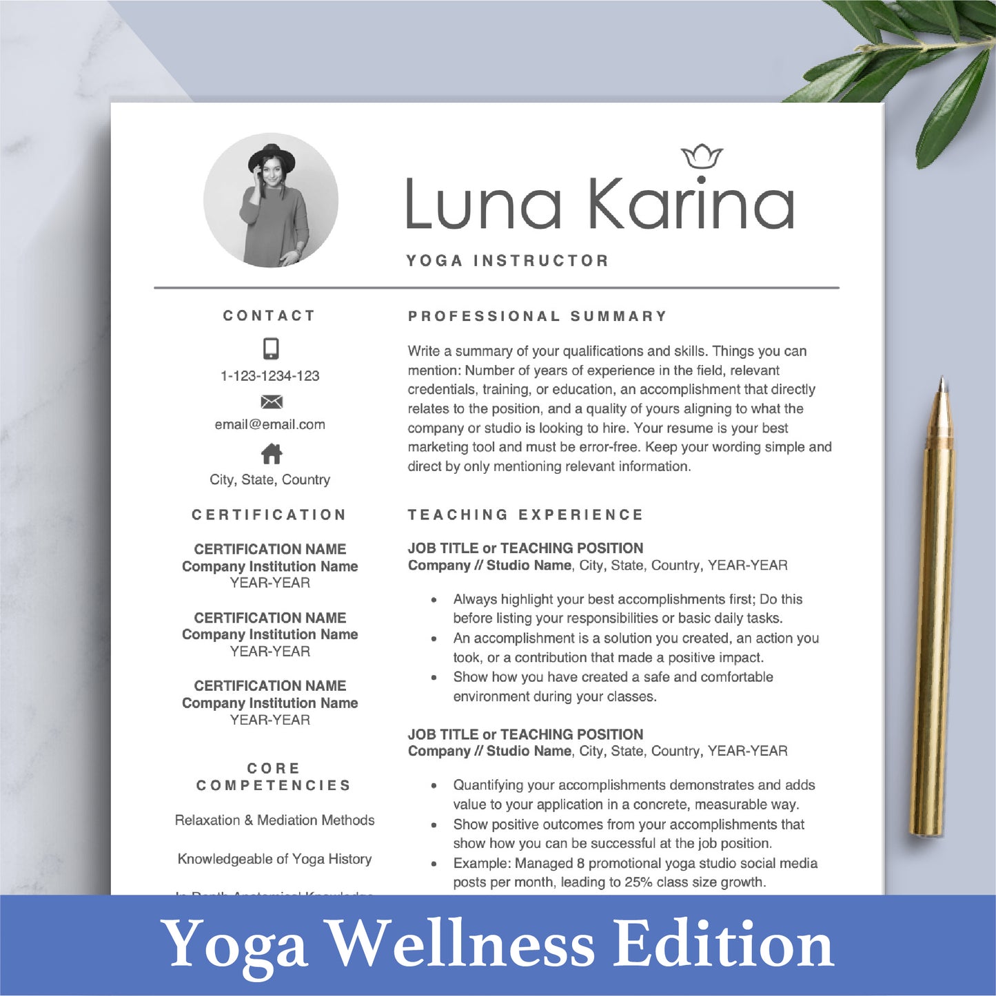 Yoga Instructor Resume Template | CV for Gym Trainer, Massage Therapist | Health and Wellness Resume