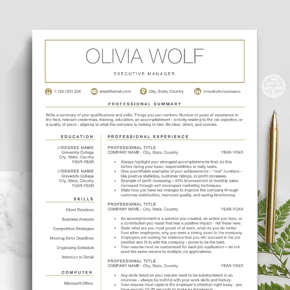 The Art of Resume Templates | Professional Resume CV Template | Curriculum Vitae for Apple Pages, Microsoft Word, Mac, PC, Chromebook, Tablet
