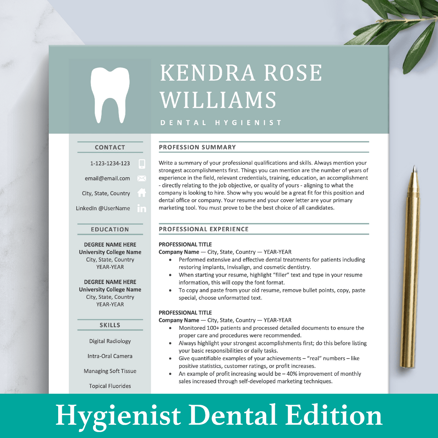 The Art of Resume Templates | Dentist, Hygienist, Dental Student, Assistant Resume CV Design Template Maker, Download for Apple Pages and Microsoft Word, Mac and PC Resume CV Template | Curriculum Vitae for Apple Pages, Microsoft Word, Mac, PC