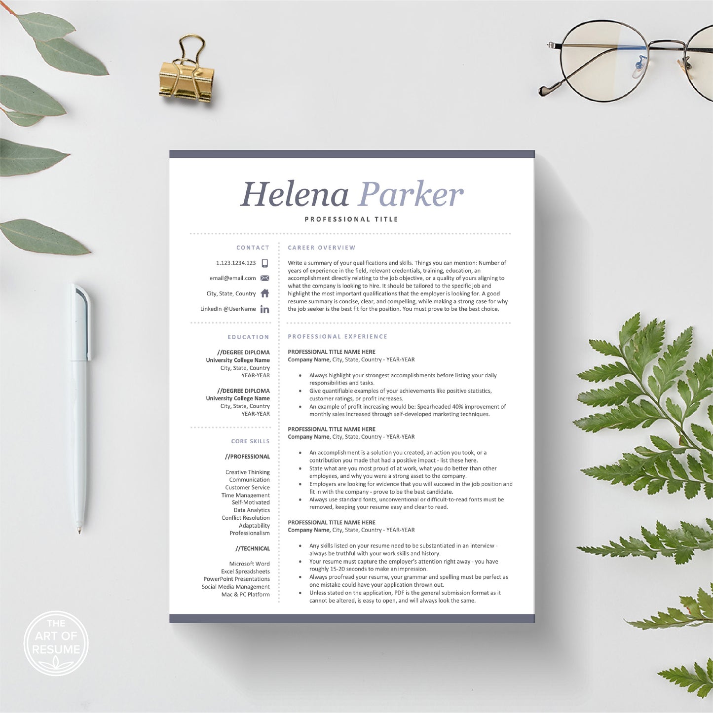 The Art of Resume Templates | Modern Professional Resume CV Design Template Bundle, One Page Format
