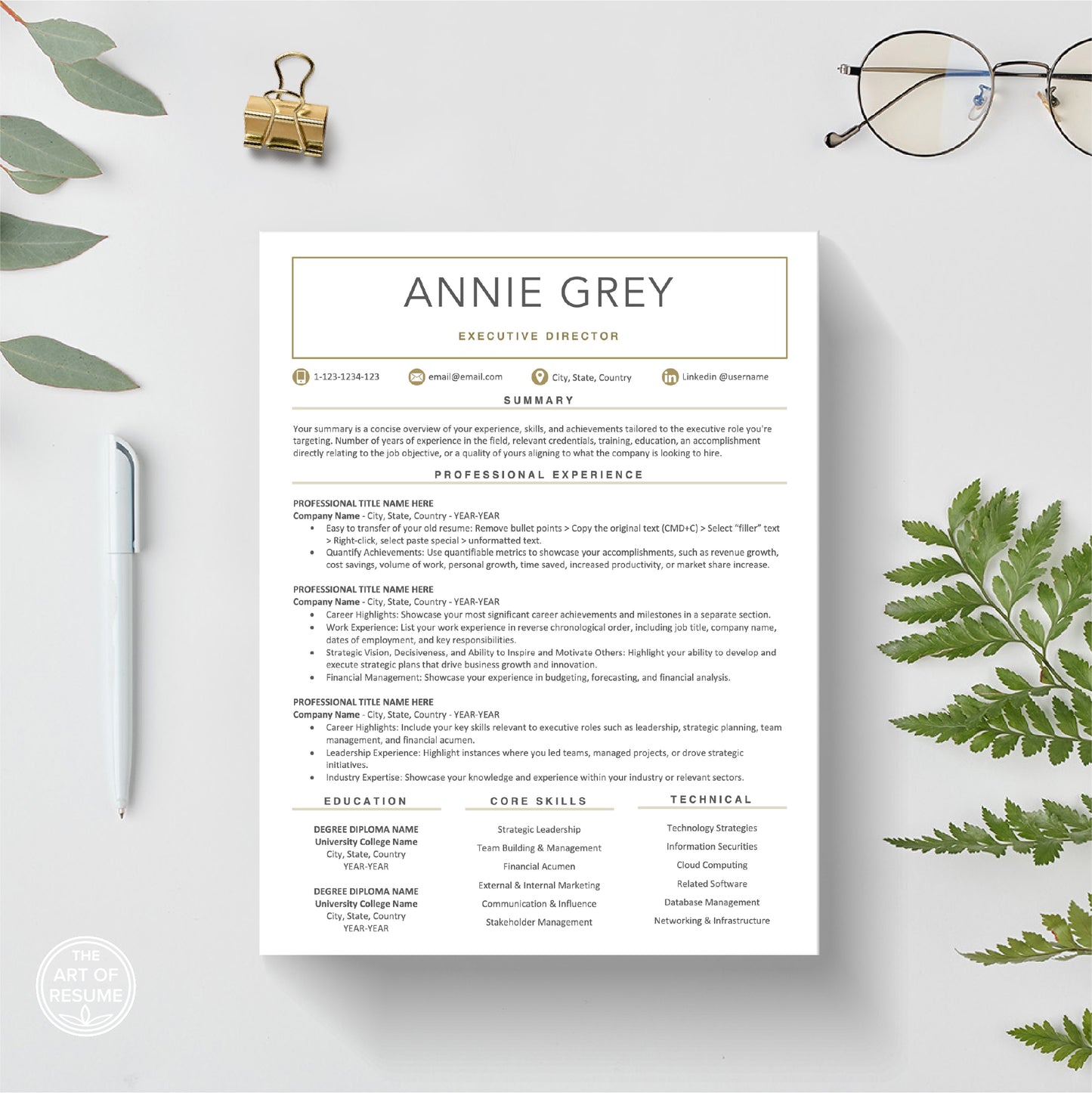 The Art of Resume Templates | Modern white and gold Resume CV Design Template one-page