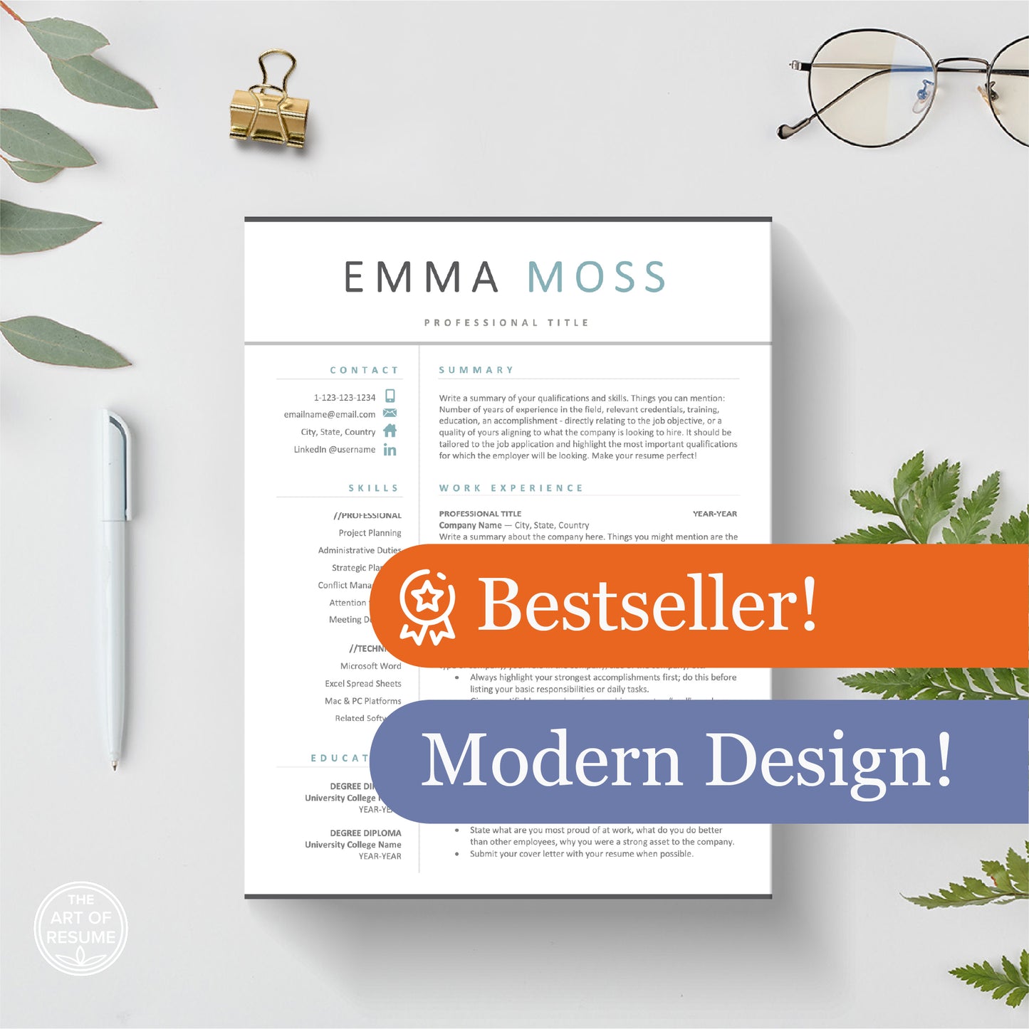 The Art of Resume Templates | Modern 1 Page format Simple Teal Blue Resume CV Design Template Bundle Free download