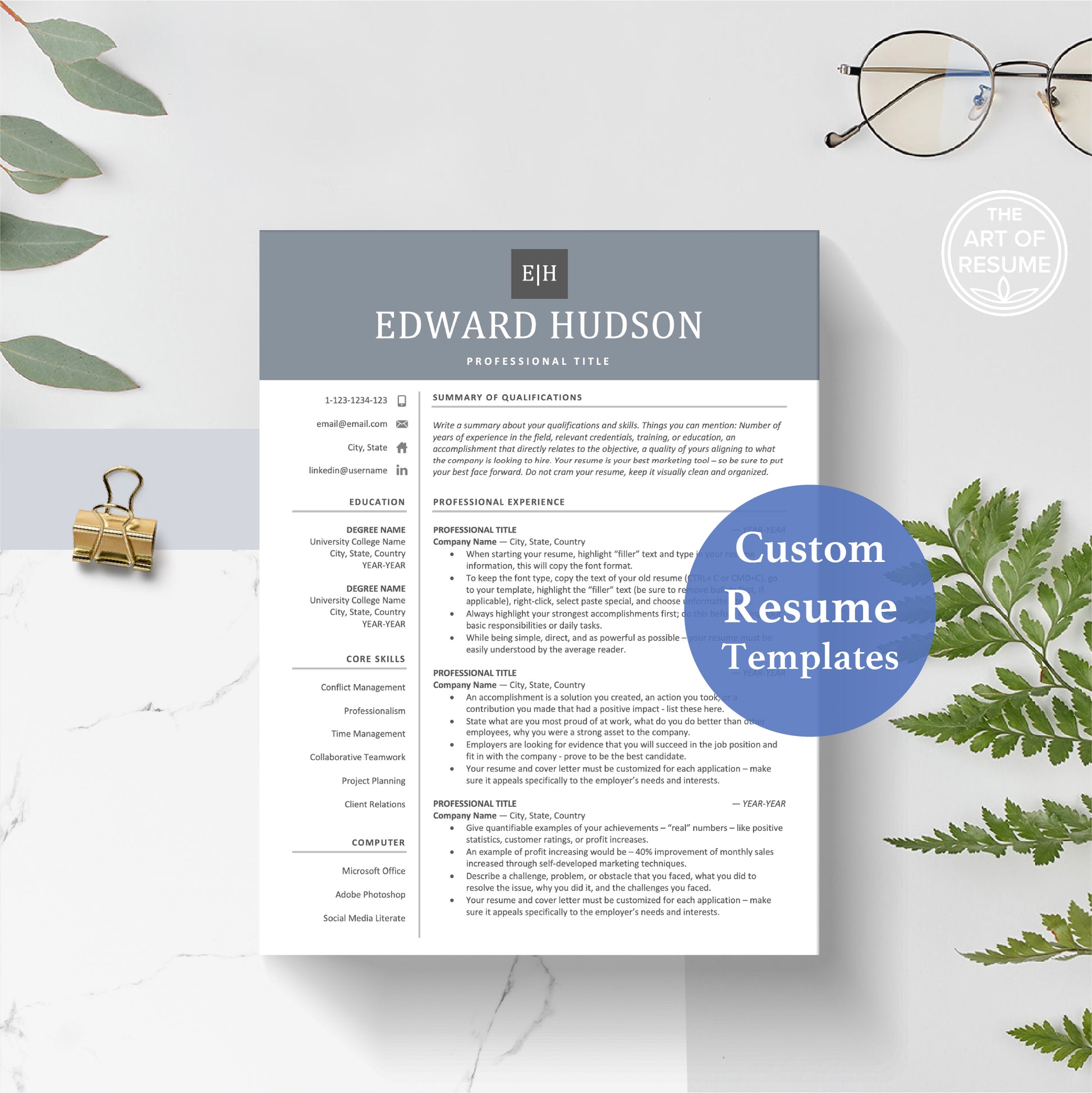 The Art of Resume Templates | Professional Modern Blue  Resume CV Design Template Bundle