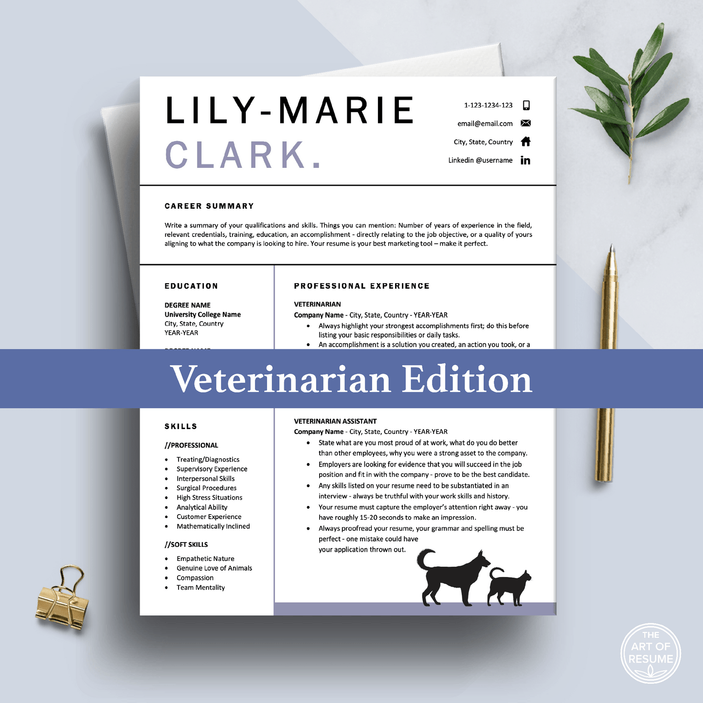Plantilla de currículum veterinario | Estudiante veterinario | Currículum del cuidador de animales