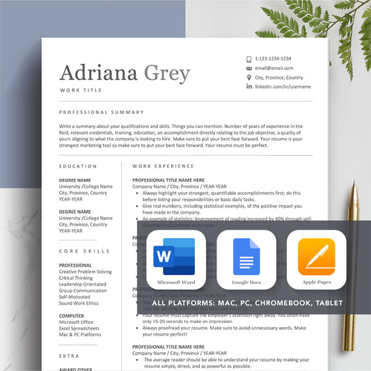 The Art of Resume | Professional Resume CV Template Bundle Design | Microsoft Word Google Docs Apple Page Mac PC