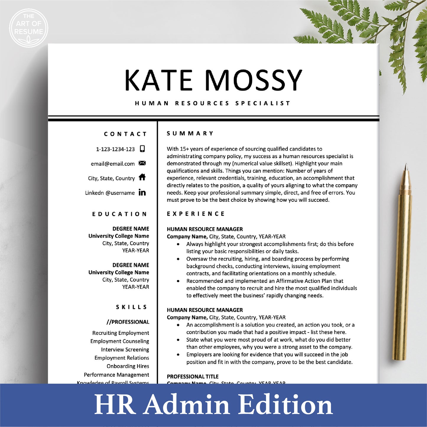 The Art of Resume Templates | Professional HR Human Resources Resume CV Design Template Bundle