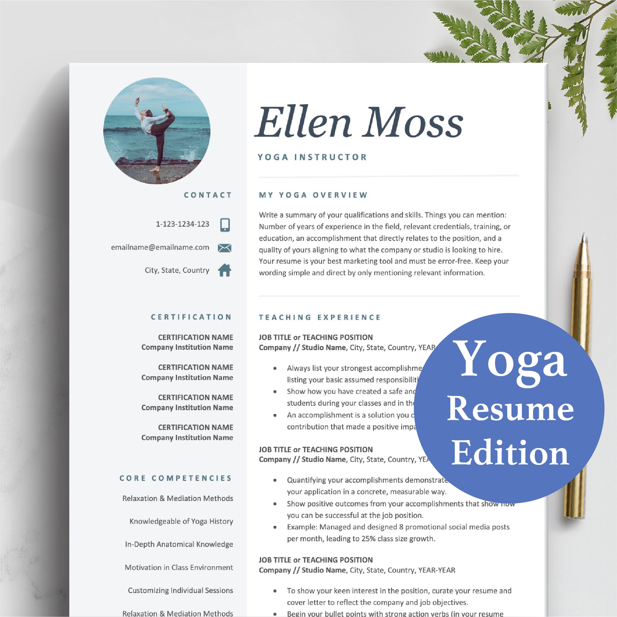 Yoga Teacher Resume Template, Yoga Instructor CV Template, Fitness CV