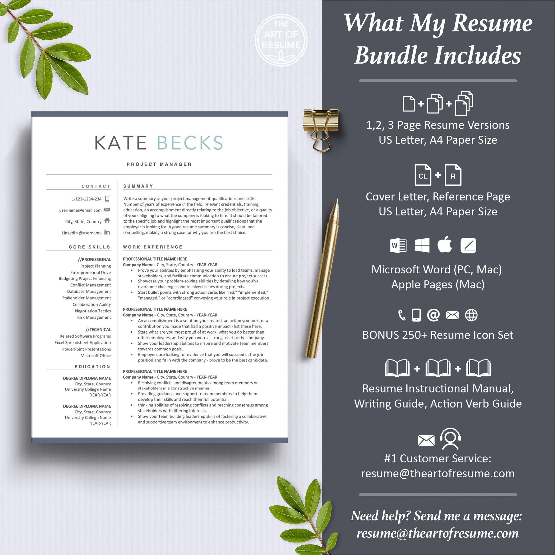 The Art of Resume Templates | ModernModern Resume CV Template Maker 3, Cover Letter, Reference Page, Mac, PC, A4 Paper, US size, Microsoft Word. Apple Pages, Google Docs, Chromebook