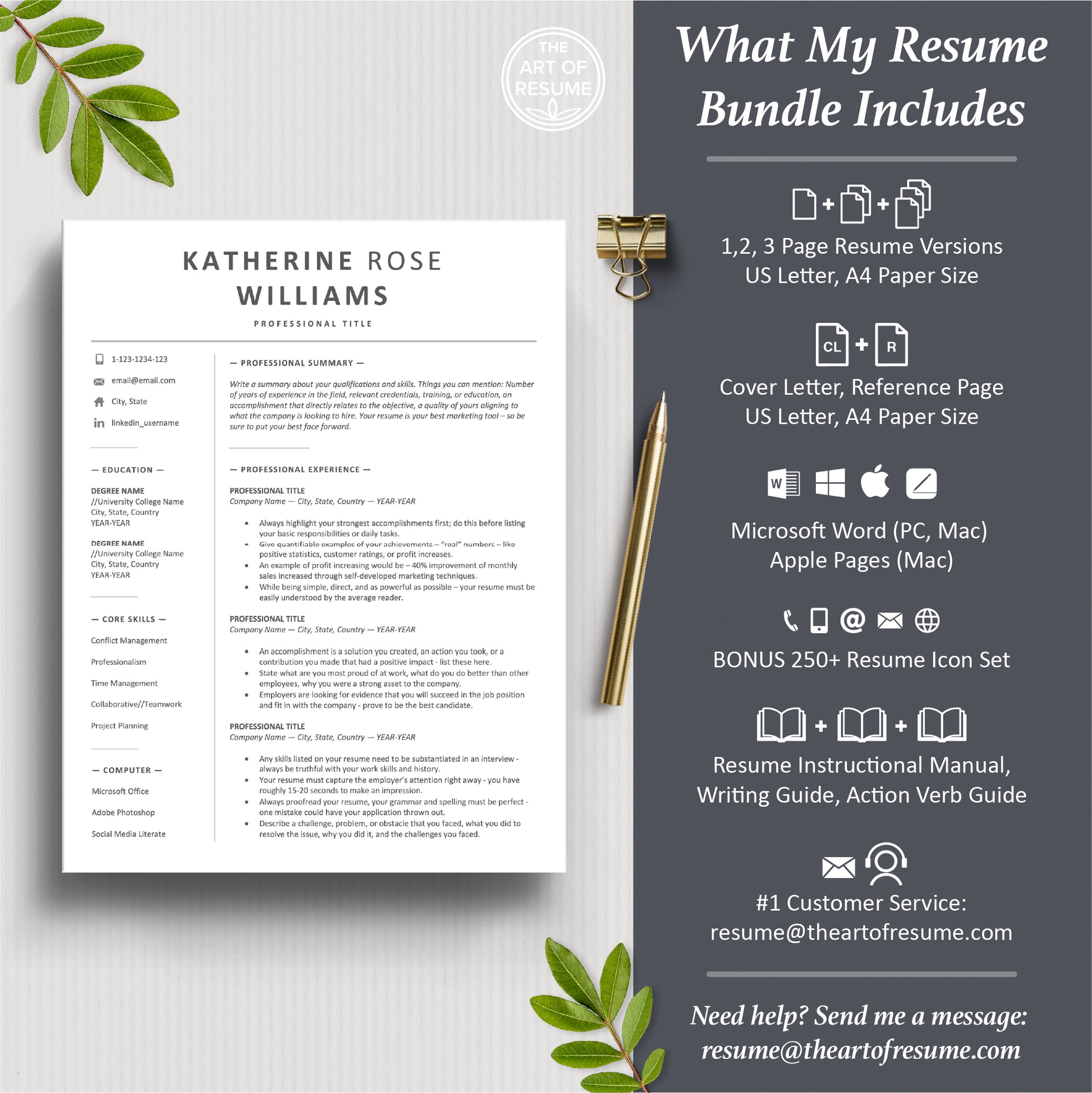 The Art of Resume Templates | Professional Modern Simple Resume CV Template Maker 3, Cover Letter, Reference Page, Mac, PC, A4 Paper, US size, Microsoft Word. Apple Pages, Google Docs, Chromebook