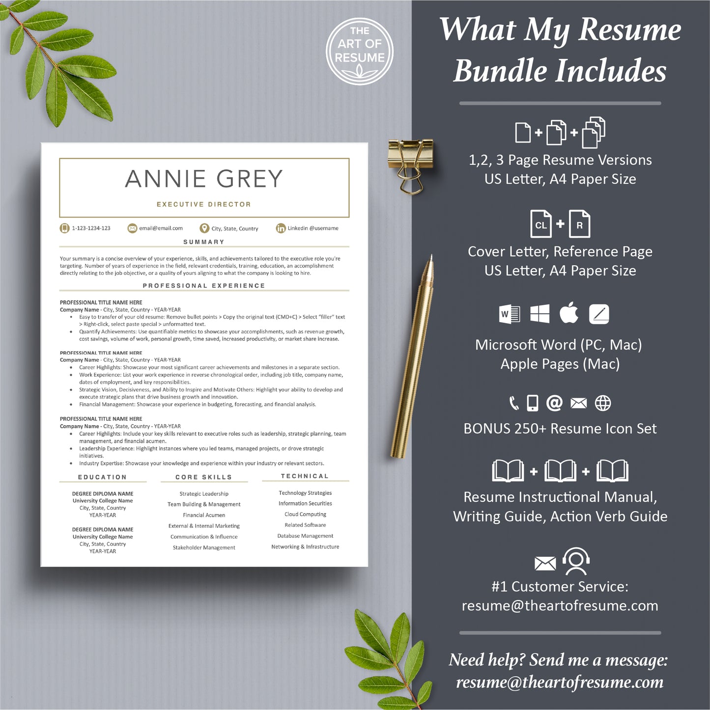 The Art of Resume Templates | Professional white and gold Resume CV Template Maker 3, Cover Letter, Reference Page, Mac, PC, A4 Paper, US size, Microsoft Word. Apple Pages, Google Docs, Chromebook