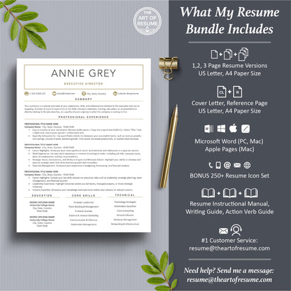 The Art of Resume Templates | Professional white and gold Resume CV Template Maker 3, Cover Letter, Reference Page, Mac, PC, A4 Paper, US size, Microsoft Word. Apple Pages, Google Docs, Chromebook
