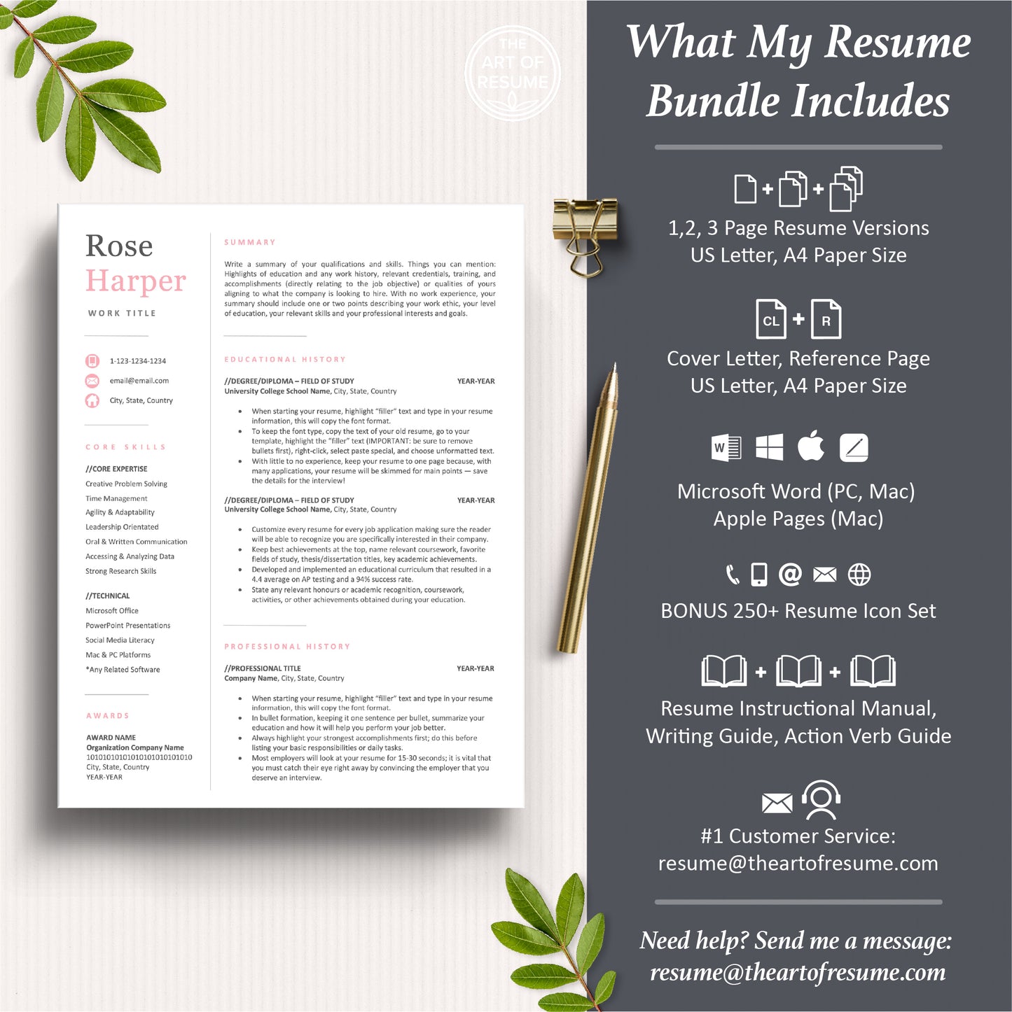 The Art of Resume Templates | Professional Modern Pink Resume CV Template Maker 3, Cover Letter, Reference Page, Mac, PC, A4 Paper, US size, Microsoft Word. Apple Pages, Google Docs, Chromebook
