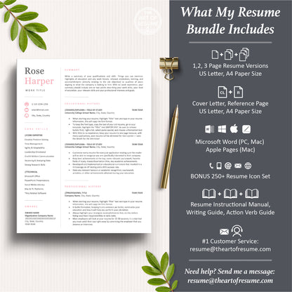 The Art of Resume Templates | Professional Modern Pink Resume CV Template Maker 3, Cover Letter, Reference Page, Mac, PC, A4 Paper, US size, Microsoft Word. Apple Pages, Google Docs, Chromebook