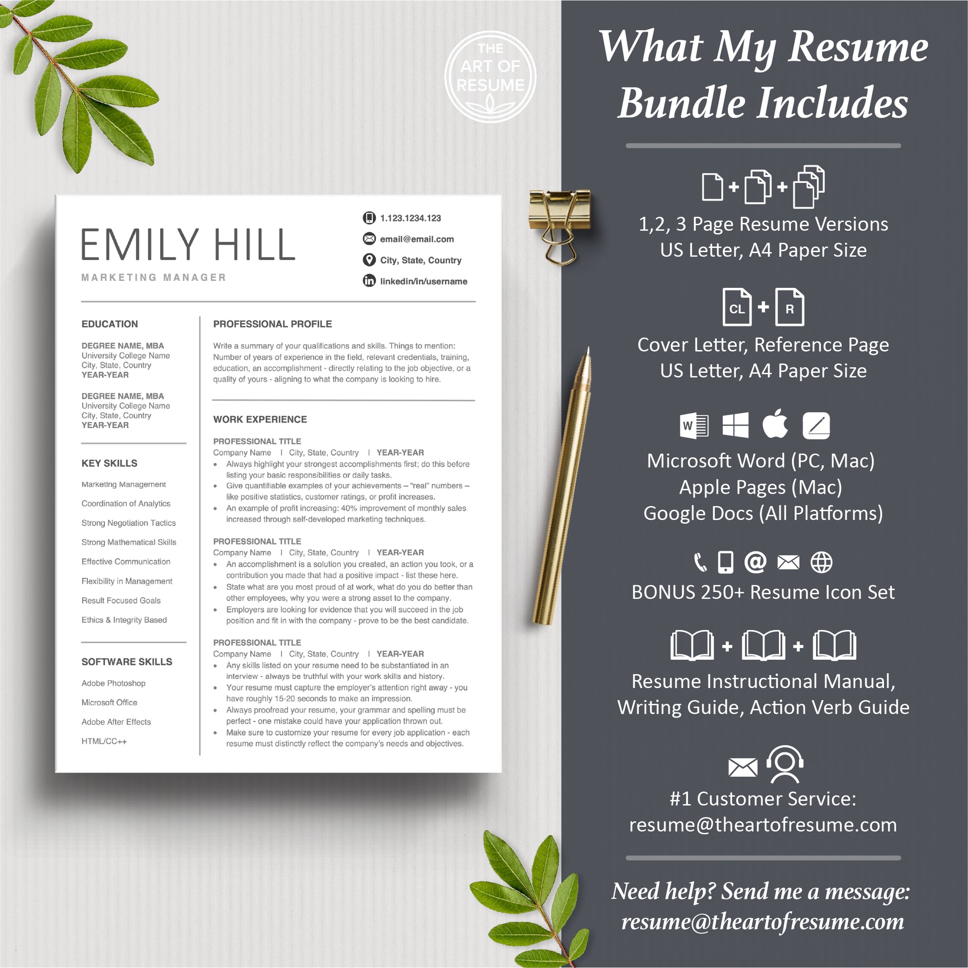 Professional Resume Bundle includes 3 Resume Designs, Cover Letter, Reference Page, Word, Pages, Google Docs, Mac, PC, A4 Paper, US Letter size, The Art of Resume Writing Guide, Resume Instructional Manual, Action Verb Guides, Best Customer Service, Free 250 Resume Icons