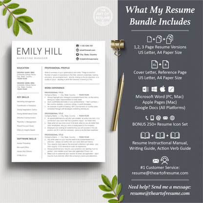 Professional Resume Bundle includes 3 Resume Designs, Cover Letter, Reference Page, Word, Pages, Google Docs, Mac, PC, A4 Paper, US Letter size, The Art of Resume Writing Guide, Resume Instructional Manual, Action Verb Guides, Best Customer Service, Free 250 Resume Icons