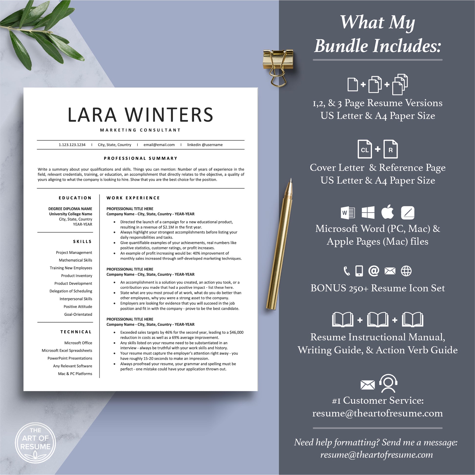 The Art of Resume Templates |  Professional Simple CV Template Includes 3 Editable Resume Templates, Cover Letter, Reference Page, Mac, PC, A4 Paper, US size, Free Guide, The Art of Resume Writing, 250 Bonus Resume Icons
