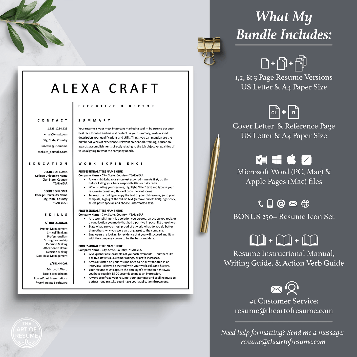 Professional Resume Bundle includes 3 Resume Designs, Cover Letter, Reference Page, Mac, PC, A4 Paper, US Letter size, The Art of Resume Writing Guide, Resume Instructional Manual, Action Verb Guides, Best Customer Service, Free 250 Resume Icons