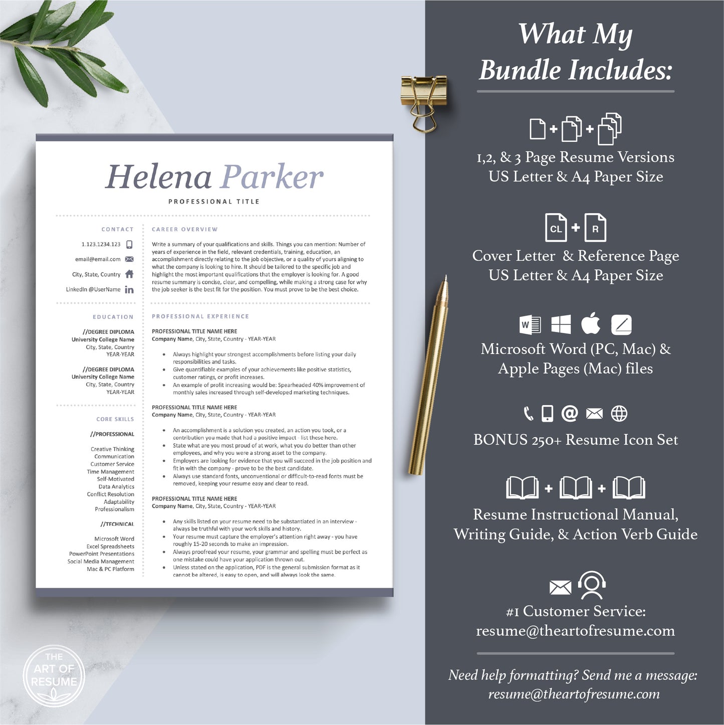 The Art of Resume Templates | Professional  Resume CV Template Maker 3, Cover Letter, Reference Page, Mac, PC, A4 Paper, US size, Microsoft Word. Apple Pages, Google Docs, Chromebook