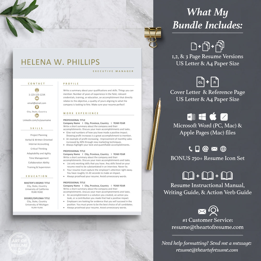 The Art of Resume Templates | Professional Simple Pink Blue Resume CV Template Maker 3, Cover Letter, Reference Page, Mac, PC, A4 Paper, US size, Free Guide, The Art of Resume Writing, 250 Bonus Resume Icons