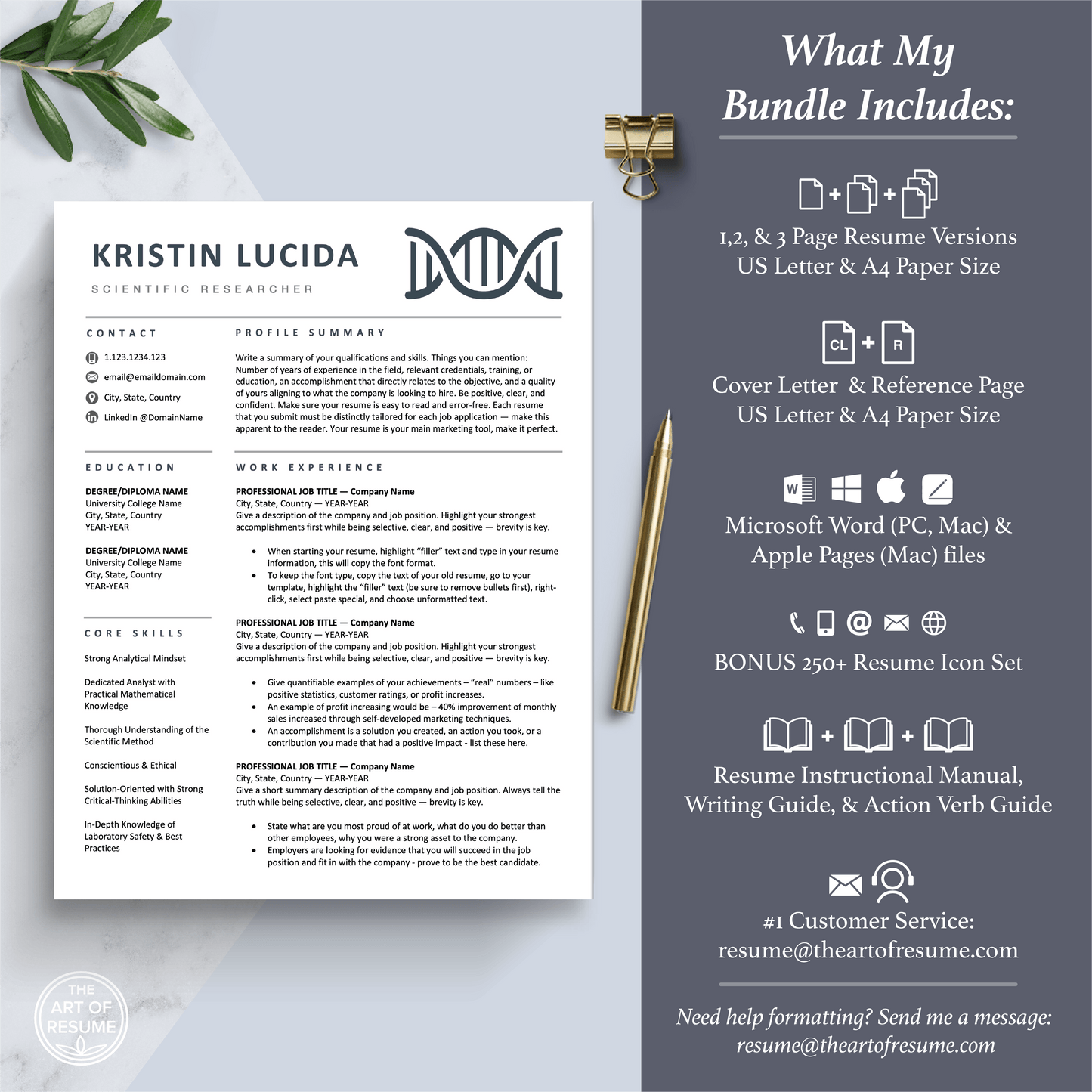 The Art of Resume Templates |  Scientist, Biochemist, Lab Researcher, Student, Teacher DNA Helix Resume CV Template Maker 3, Cover Letter, Reference Page, Mac, PC, A4 Paper, US size, Free Guide, The Art of Resume Writing, 250 Bonus Resume Icons
