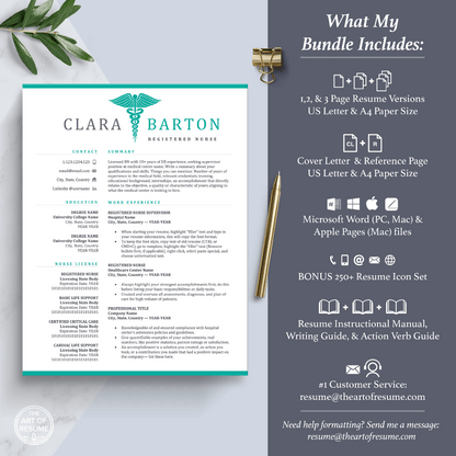 The Art of Resume Templates | Professional Nurse Doctor Medical Resume CV Template Maker 3, Cover Letter, Reference Page, Mac, PC, A4 Paper, US size, Free Guide, The Art of Resume Writing, 250 Bonus Resume Icons