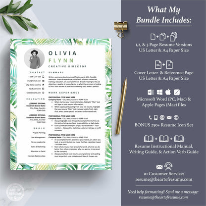 The Art of Resume Templates | Creative Tropical Green Resume CV Template Maker 3, Cover Letter, Reference Page, Mac, PC, A4 Paper, US size, Free Guide, The Art of Resume Writing, 250 Bonus Resume Icons