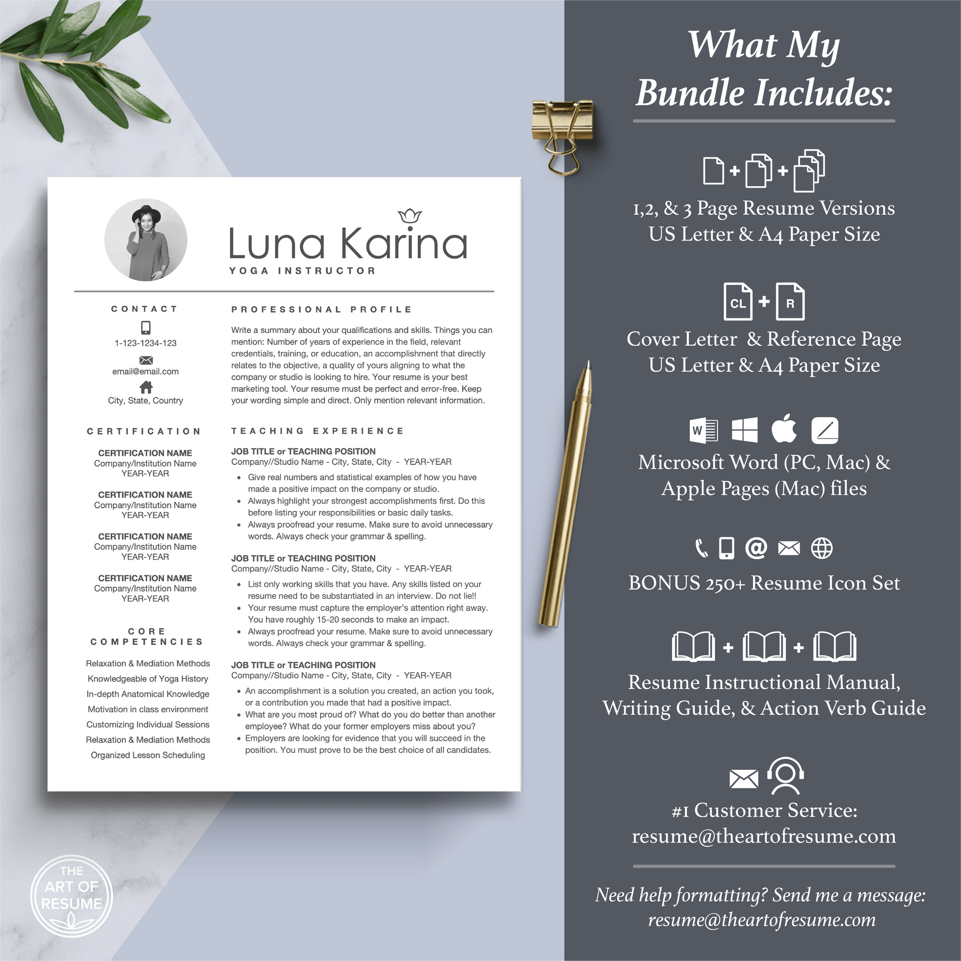 The Art of Resume Templates | Professional Professional Yoga, Fitness, Wellness, Designer  Resume CV Template Includes 3 Editable Resume Templates, Cover Letter, Reference Page, Mac, PC, A4 Paper, US size, Free Guide, The Art of Resume Writing, 250 Bonus Resume Icons