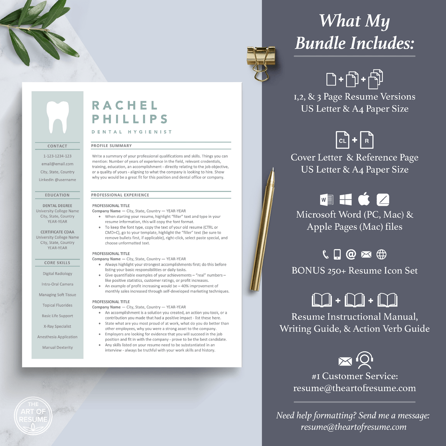 The Art of Resume Templates | Dentist, Hygienist, Dental Student, Assistant Resume CV Template Maker 3, Cover Letter, Reference Page, Mac, PC, A4 Paper, US size, Free Guide, The Art of Resume Writing, 250 Bonus Resume Icons