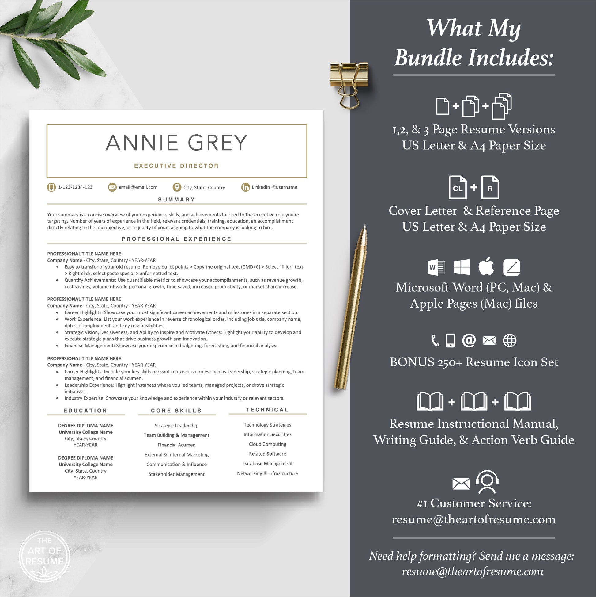 The Art of Resume Templates | Professional Resume CV Template Maker 3, Cover Letter, Reference Page, Mac, PC, A4 Paper, US size, Free Guide, The Art of Resume Writing, 250 Bonus Resume Icons