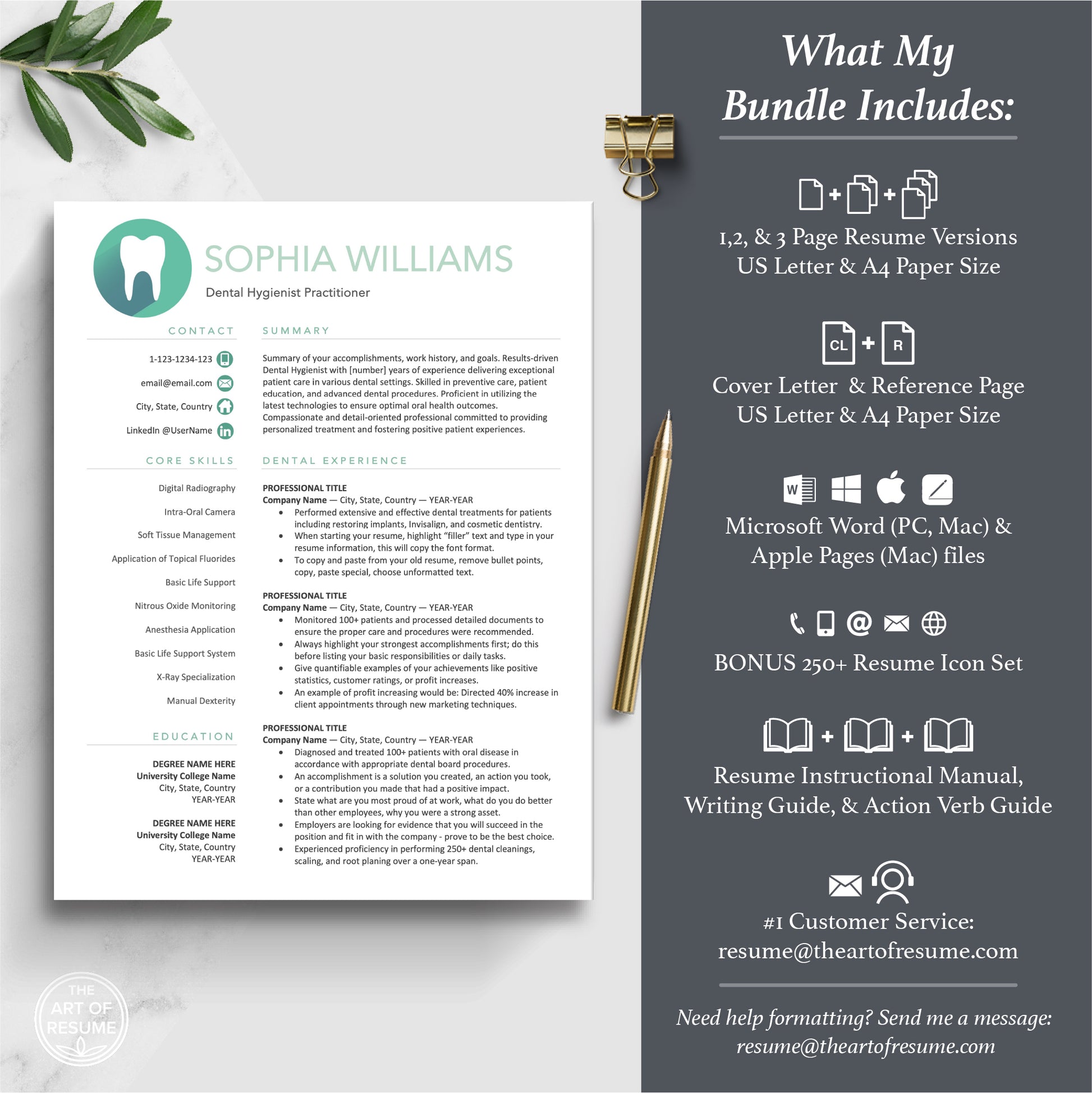 The Art of Resume | Dental Hygienist Dentist Resume CV Template Design Bundle Teal | What is Included