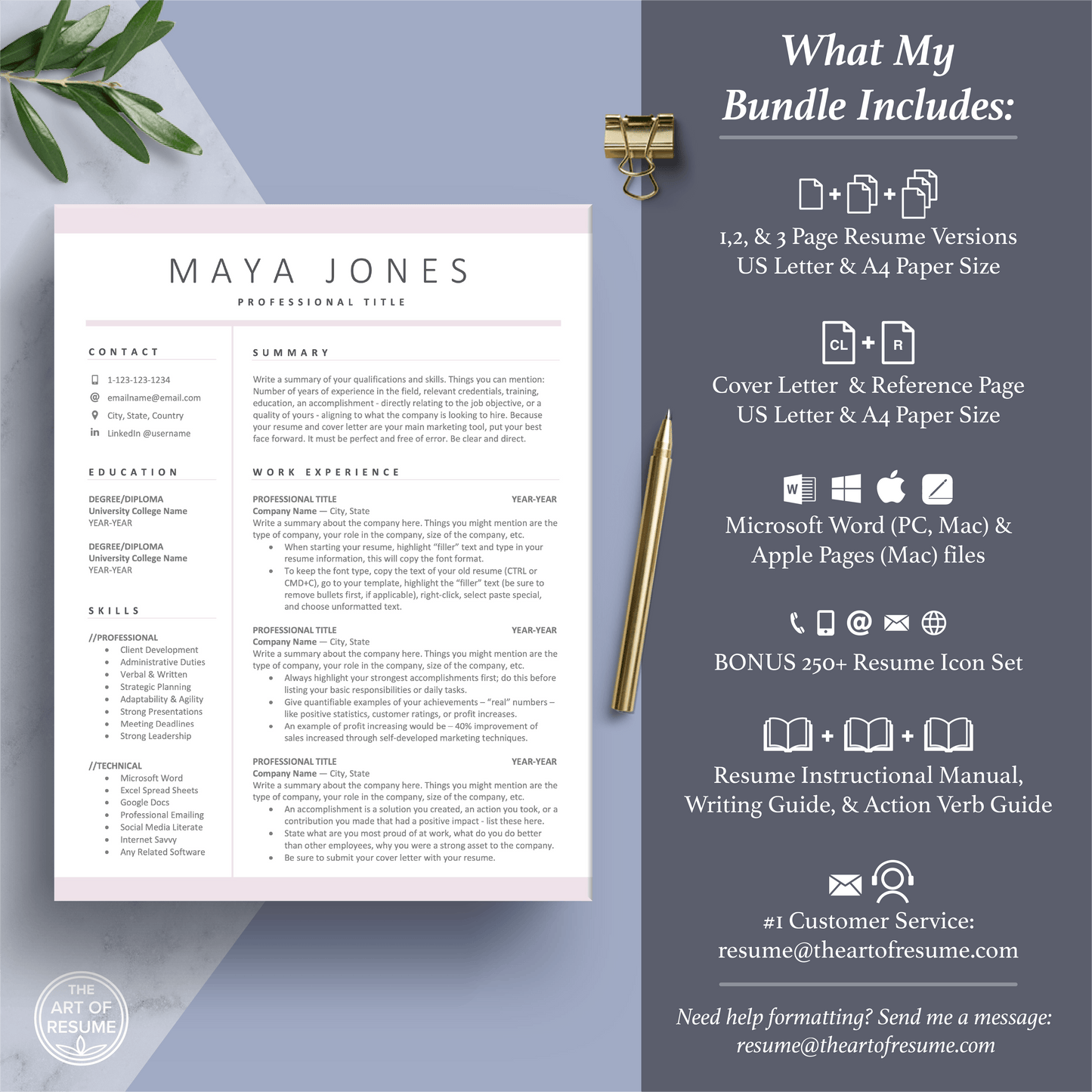 The Art of Resume Templates | Professional Pink Resume CV Template Maker 3, Cover Letter, Reference Page, Mac, PC, A4 Paper, US size, Free Guide, The Art of Resume Writing, 250 Bonus Resume Icons