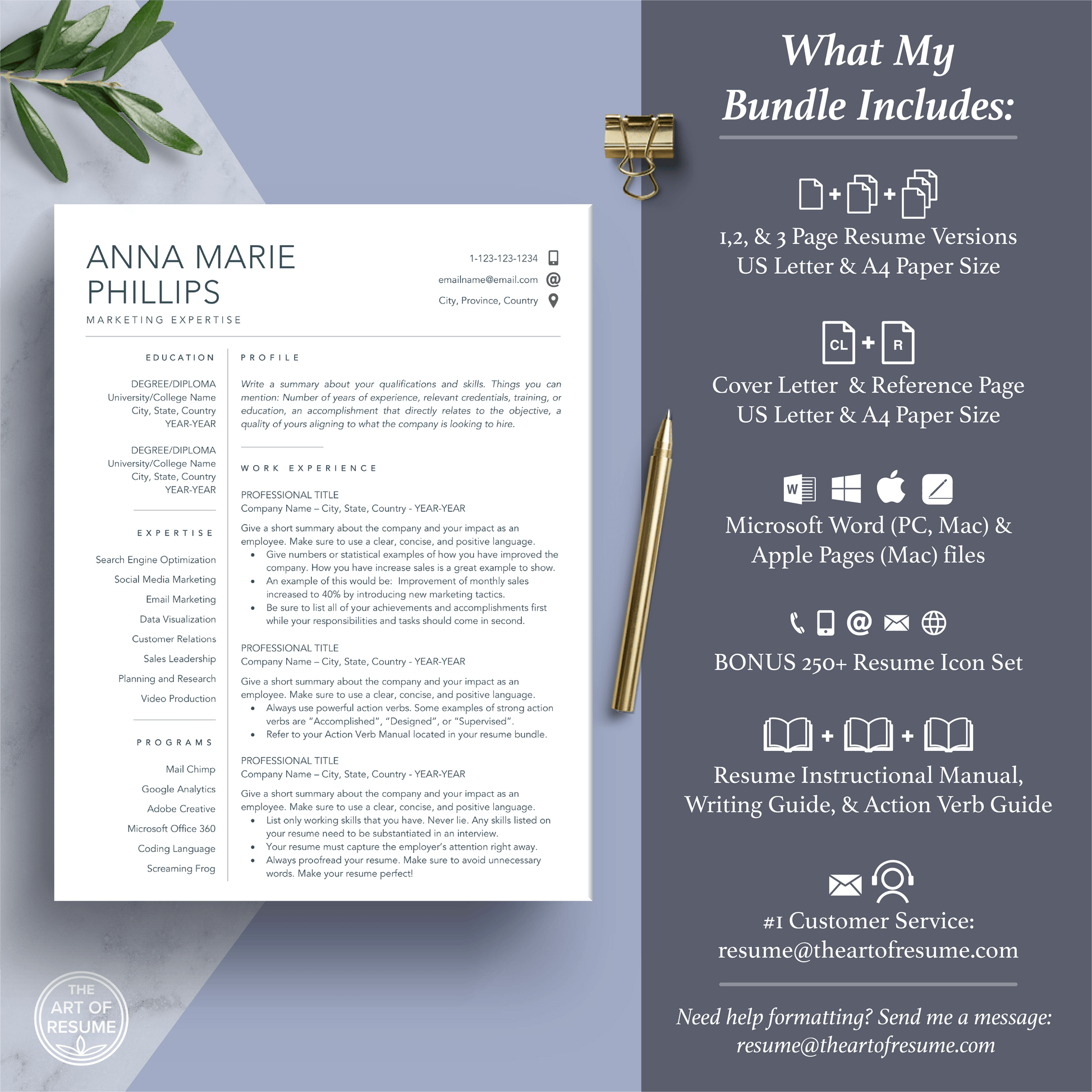 The Art of Resume Templates | Professional Simple Clean Minimalist  Resume CV Template Maker 3, Cover Letter, Reference Page, Mac, PC, A4 Paper, US size, Free Guide, The Art of Resume Writing, 250 Bonus Resume Icons