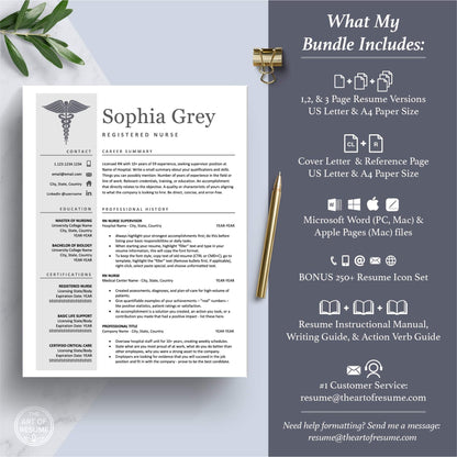 The Art of Resume Templates | Medical, Nurse, Doctor Resume CV Template Maker 3, Cover Letter, Reference Page, Mac, PC, A4 Paper, US size, Free Guide, The Art of Resume Writing, 250 Bonus Resume Icons