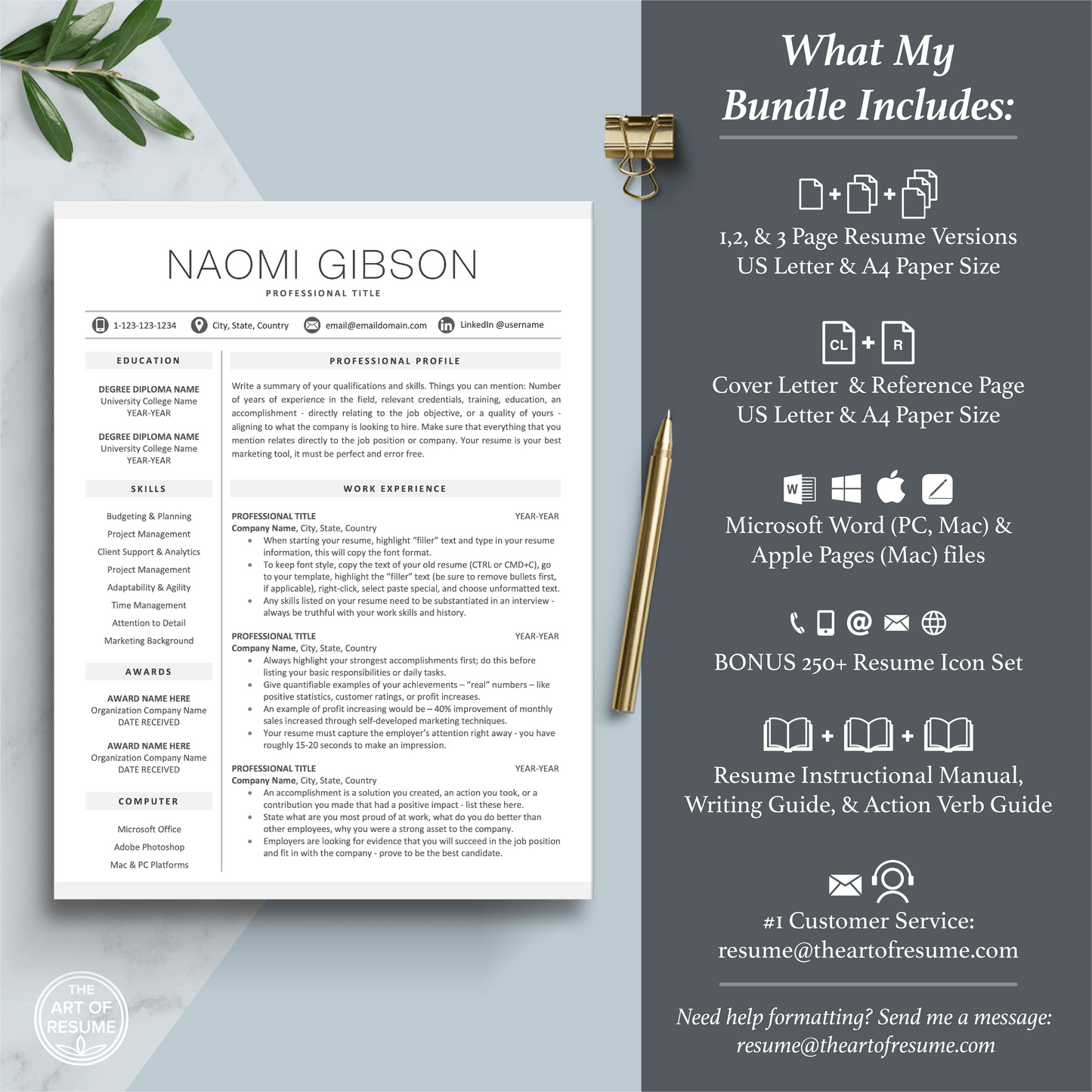 The Art of Resume Templates |  Professional Minimalist Simple Resume CV Template Includes 3 Editable Resume Templates, Cover Letter, Reference Page, Mac, PC, A4 Paper, US size, Free Guide, The Art of Resume Writing, 250 Bonus Resume Icons