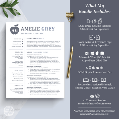 The Art of Resume Templates |  Professional  Teacher Blue Grey Resume CV Template Includes 3 Editable Resume Templates, Cover Letter, Reference Page, Mac, PC, A4 Paper, US size, Free Guide, The Art of Resume Writing, 250 Bonus Resume Icons
