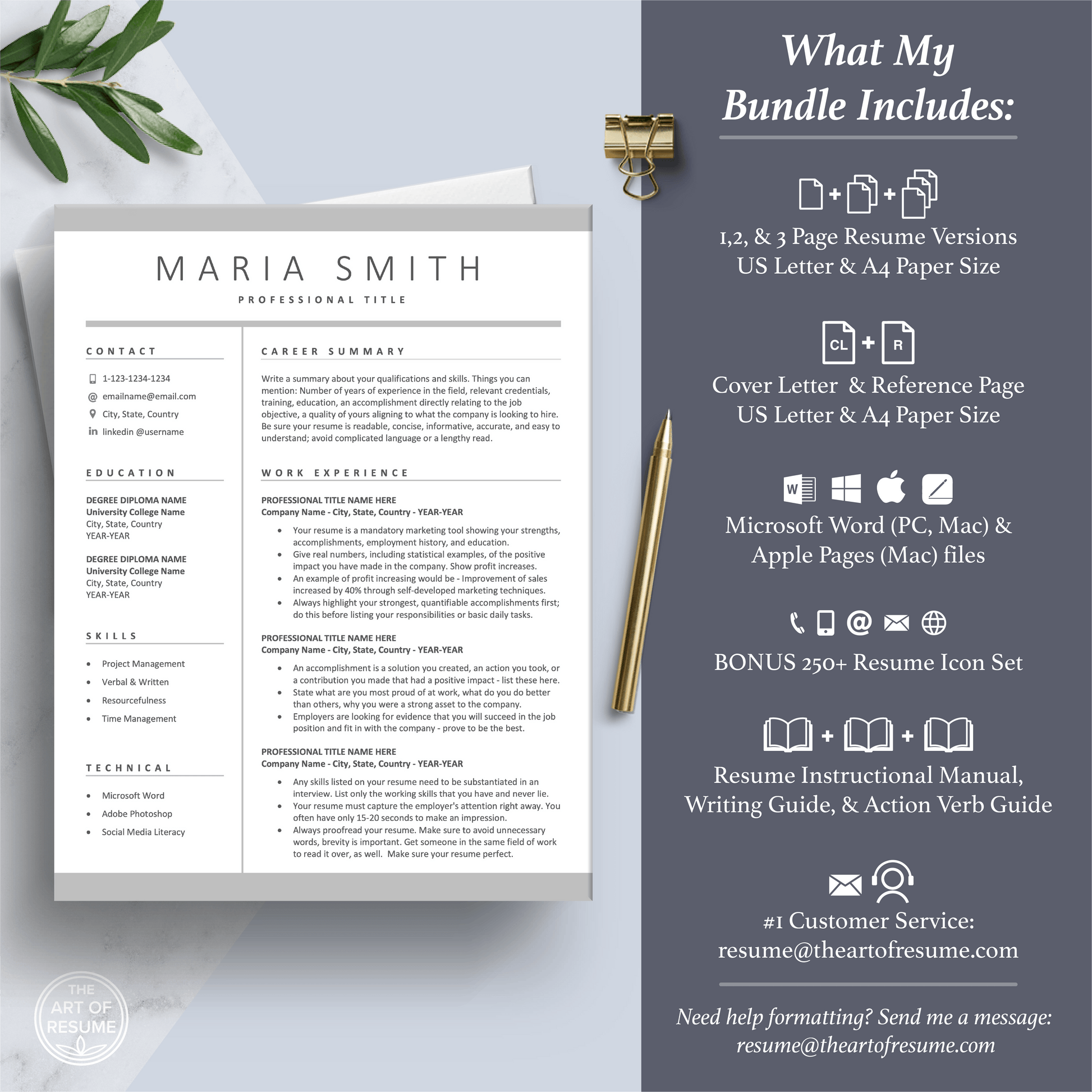 The Art of Resume Templates | Professional Resume CV Template Maker 3, Cover Letter, Reference Page, Mac, PC, A4 Paper, US size, Free Guide, The Art of Resume Writing, 250 Bonus Resume Icons