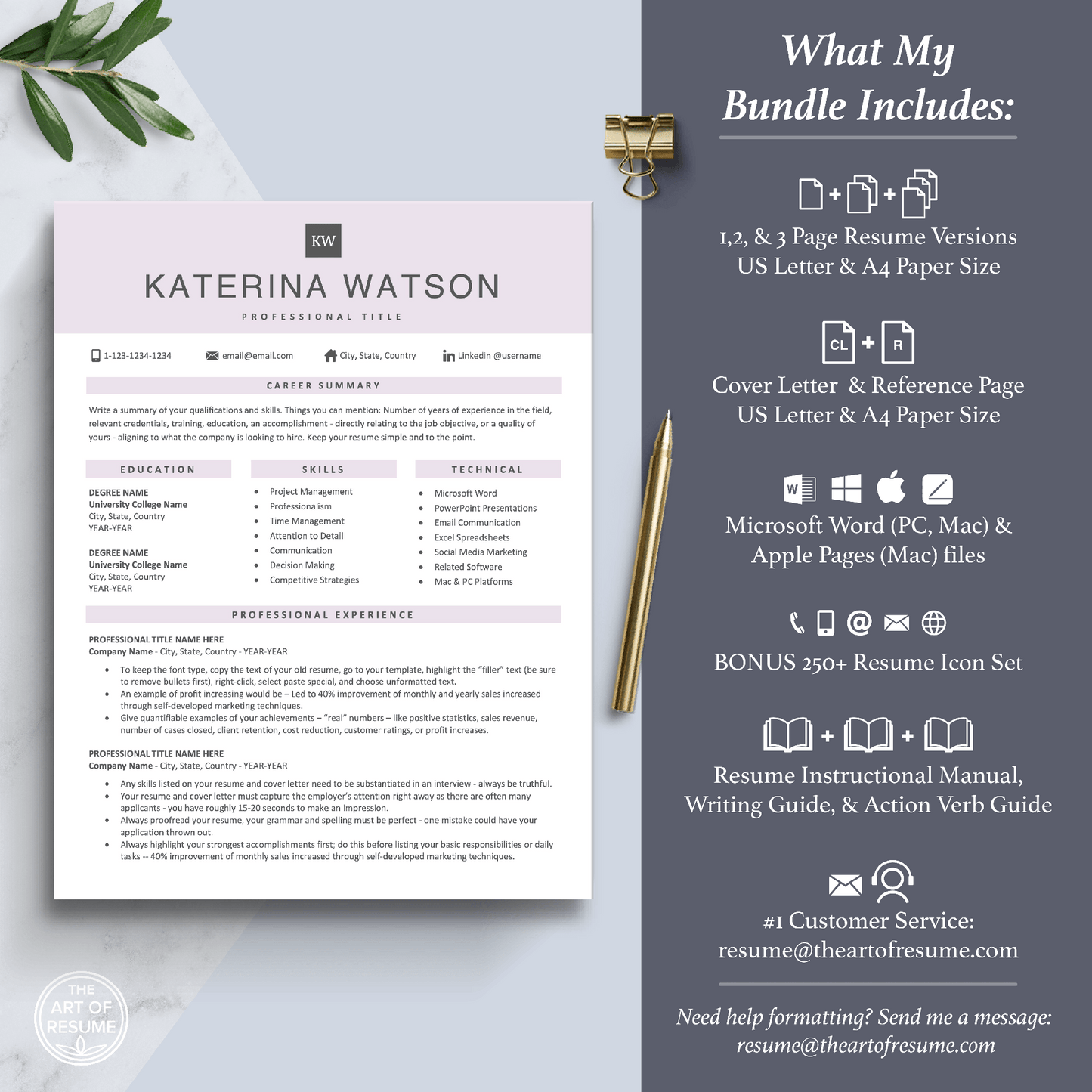 The Art of Resume Templates | Professional Rose Pink Resume CV Template Includes 3 Editable Resume Templates, Cover Letter, Reference Page, Mac, PC, A4 Paper, US size, Free Guide, The Art of Resume Writing, 250 Bonus Resume Icons