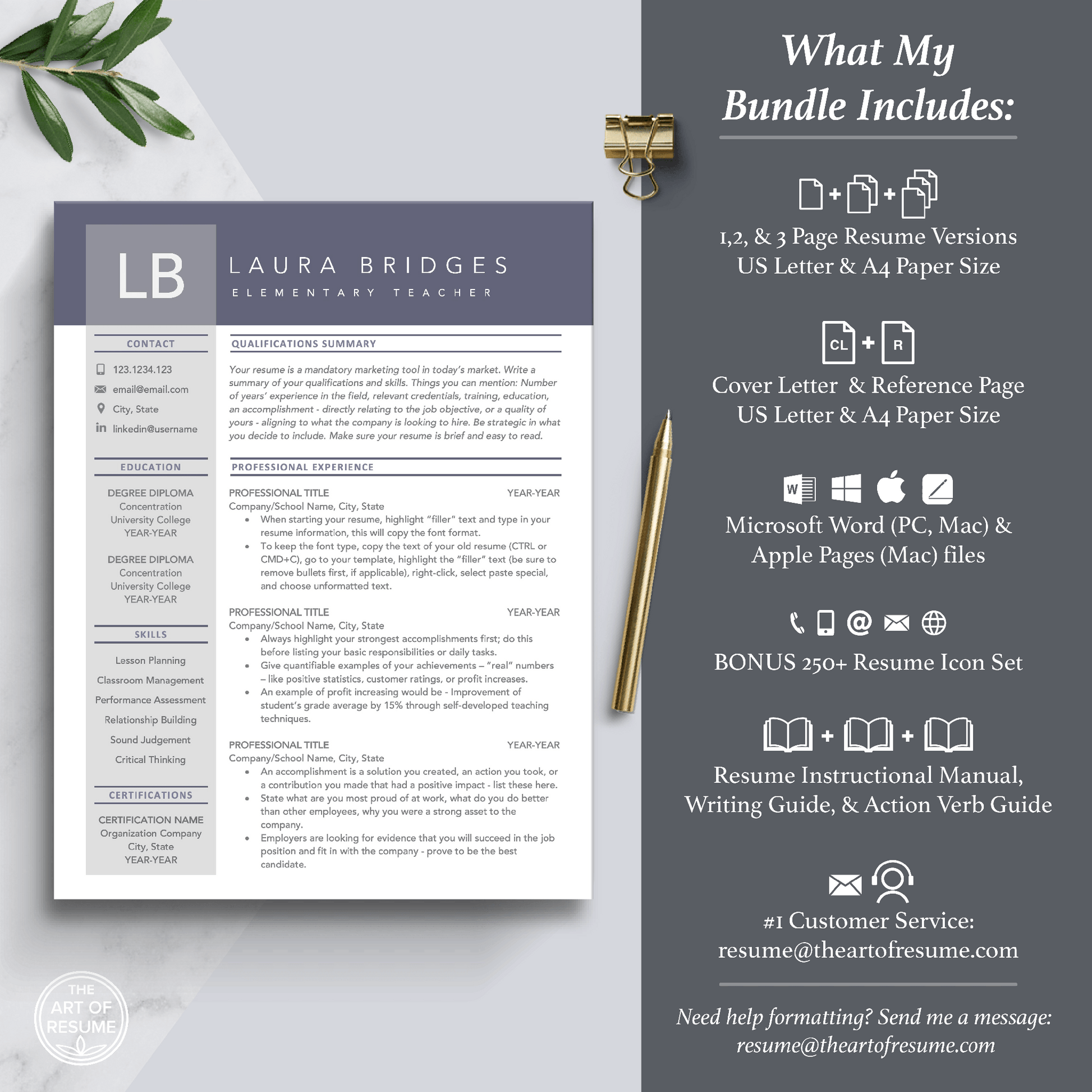 The Art of Resume Templates |  Professional Purple CV Template Includes 3 Editable Resume Templates, Cover Letter, Reference Page, Mac, PC, A4 Paper, US size, Free Guide, The Art of Resume Writing, 250 Bonus Resume Icons