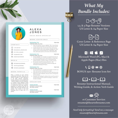 The Art of Resume Templates | Professional Teal Blue Resume CV Design Template with Photo Picture, Cover Letter, Reference Page, Mac, PC, A4 Paper, US size, Free Guide, The Art of Resume Writing, 250 Bonus Resume Icons