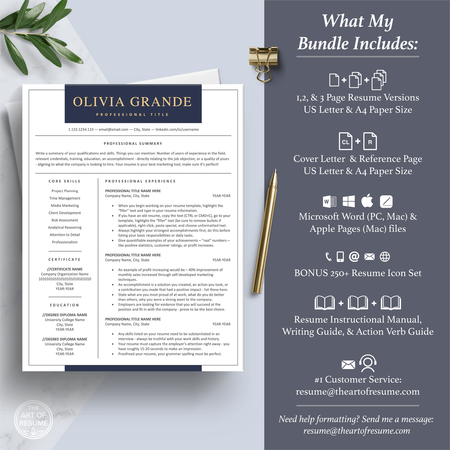 The Art of Resume Templates | Professional Navy Resume CV Template Maker 3, Cover Letter, Reference Page, Mac, PC, A4 Paper, US size, Free Guide, The Art of Resume Writing, 250 Bonus Resume Icons