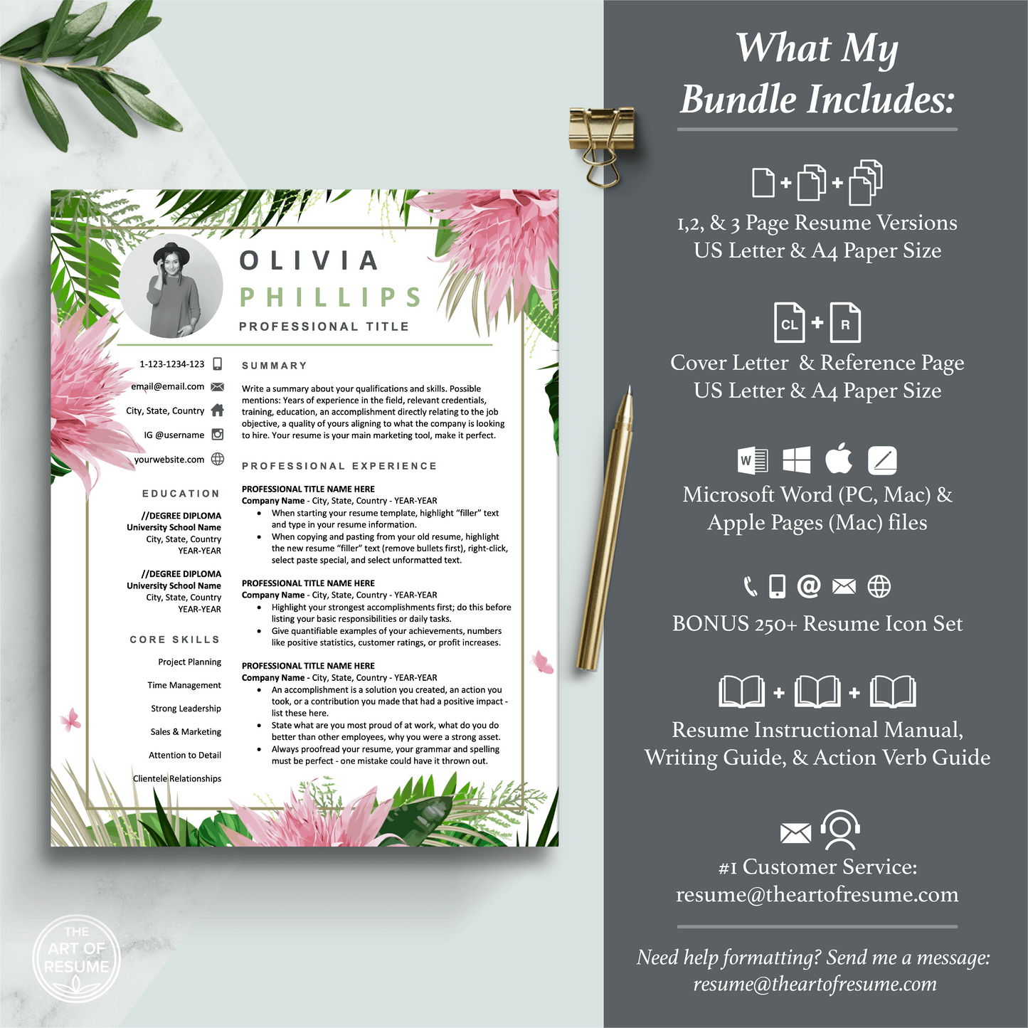 The Art of Resume Templates |  Creative Pink Floral Resume CV Template Includes 3 Editable Resume Templates, Cover Letter, Reference Page, Mac, PC, A4 Paper, US size, Free Guide, The Art of Resume Writing, 250 Bonus Resume Icons