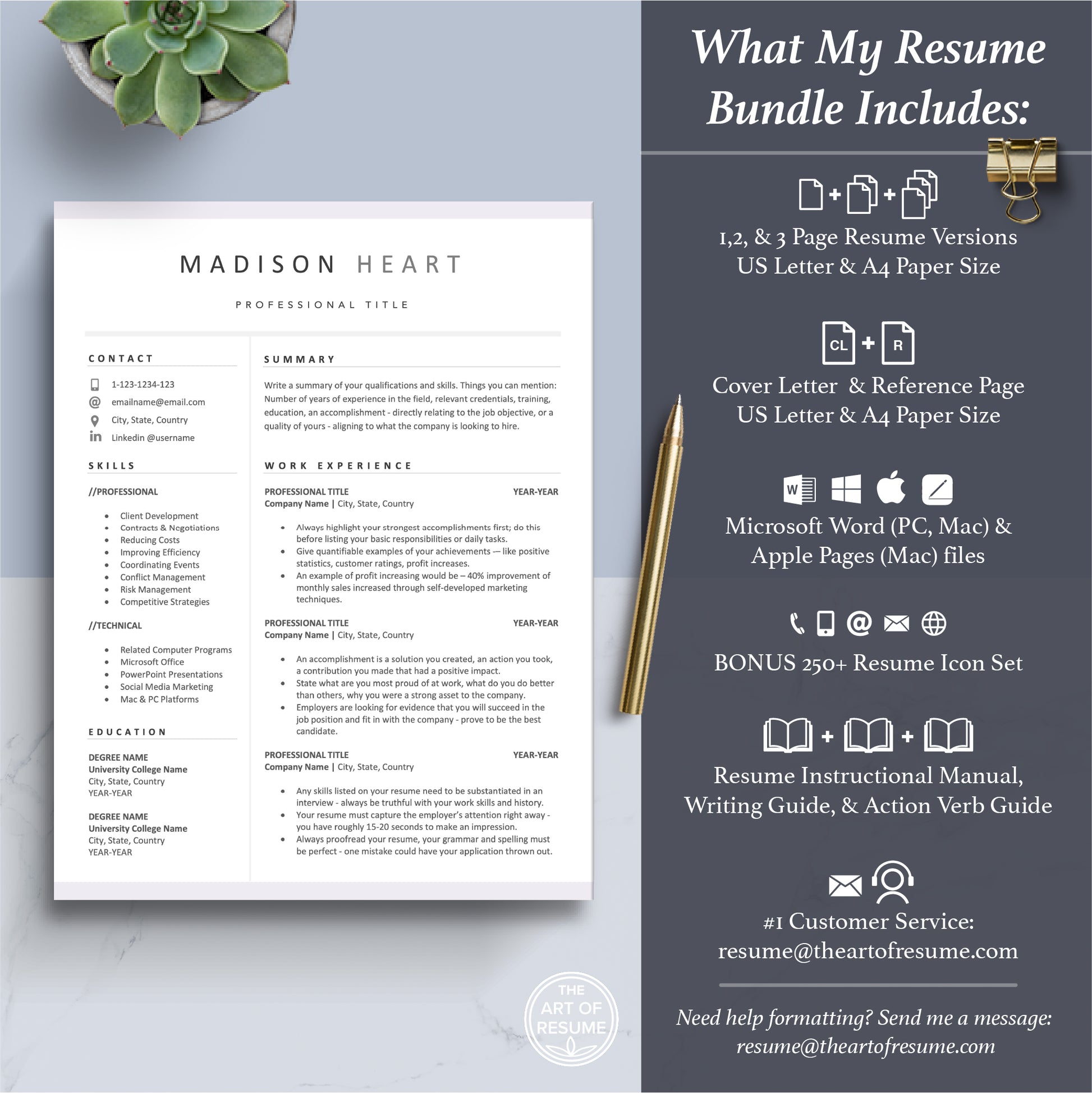 The Art of Resume Templates | Professional Modern Resume CV Template Maker 3, Cover Letter, Reference Page, Mac, PC, A4 Paper, US size, Microsoft Word. Apple Pages, Google Docs, Chromebook