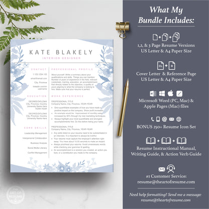 The Art of Resume | Blue Floral Resume Template Design | What's Included in Resume Maker