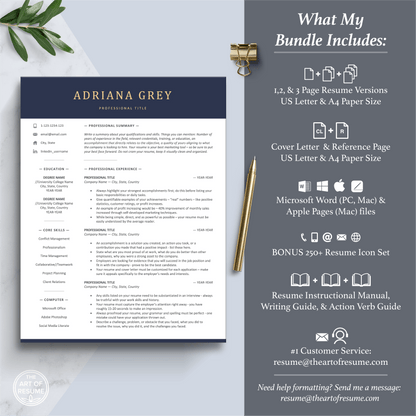 The Art of Resume Templates | Professional Modern Navy Blue Resume Template Maker Includes 3 Editable Resume Designs, Cover Letter, Reference Page, Mac, PC, A4 Paper, US size, Free Guide, The Art of Resume Writing, 250 Bonus Resume Icons
