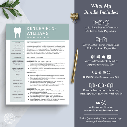 The Art of Resume Templates | Dentist, Hygienist, Dental Student, Assistant Resume CV Template Maker 3, Cover Letter, Reference Page, Mac, PC, A4 Paper, US size, Free Guide, The Art of Resume Writing, 250 Bonus Resume Icons