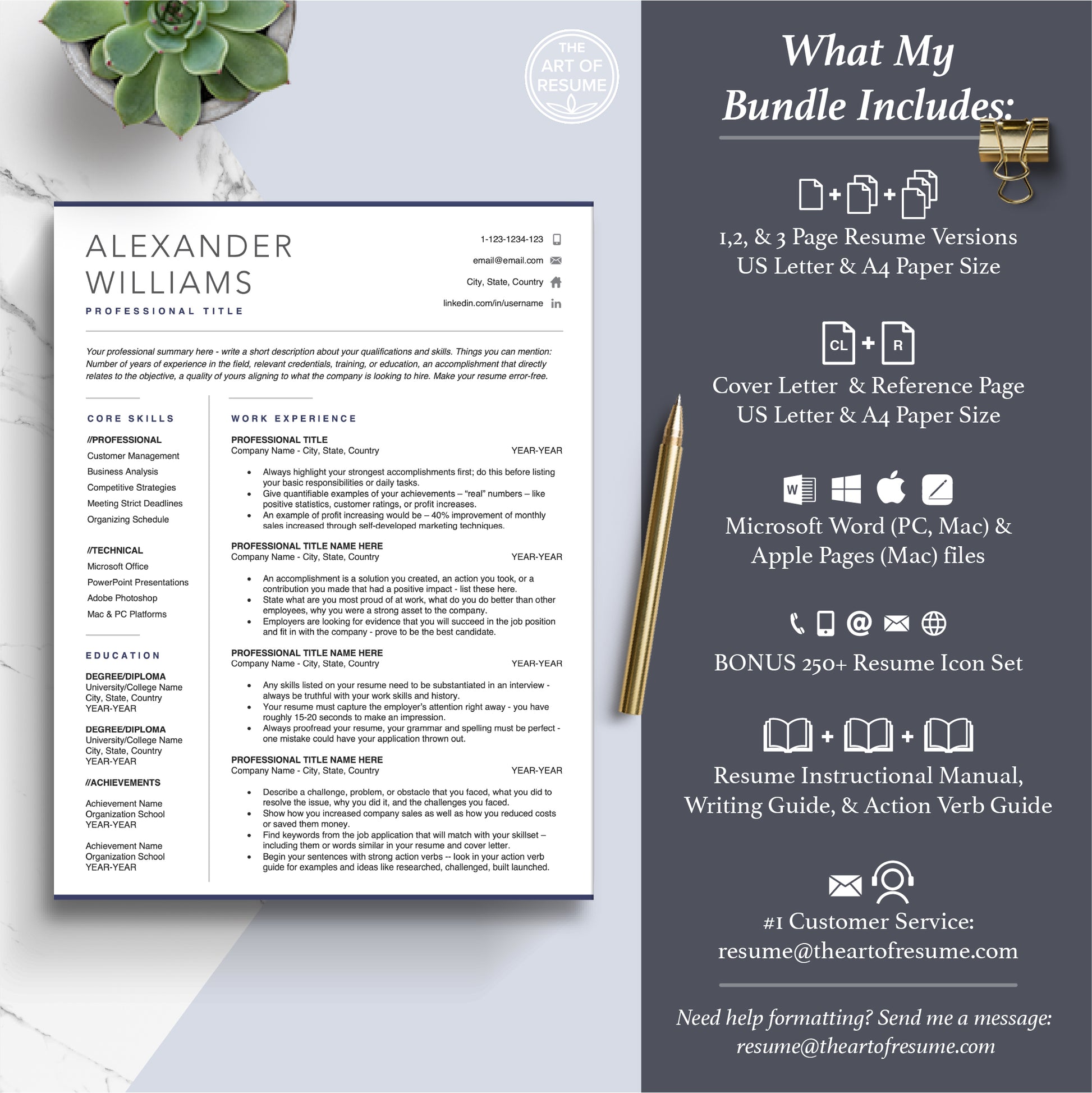The Art of Resume Templates | Professional Modern Resume CV Template Maker 3, Cover Letter, Reference Page, Mac, PC, A4 Paper, US size, Microsoft Word. Apple Pages, Google Docs, Chromebook
