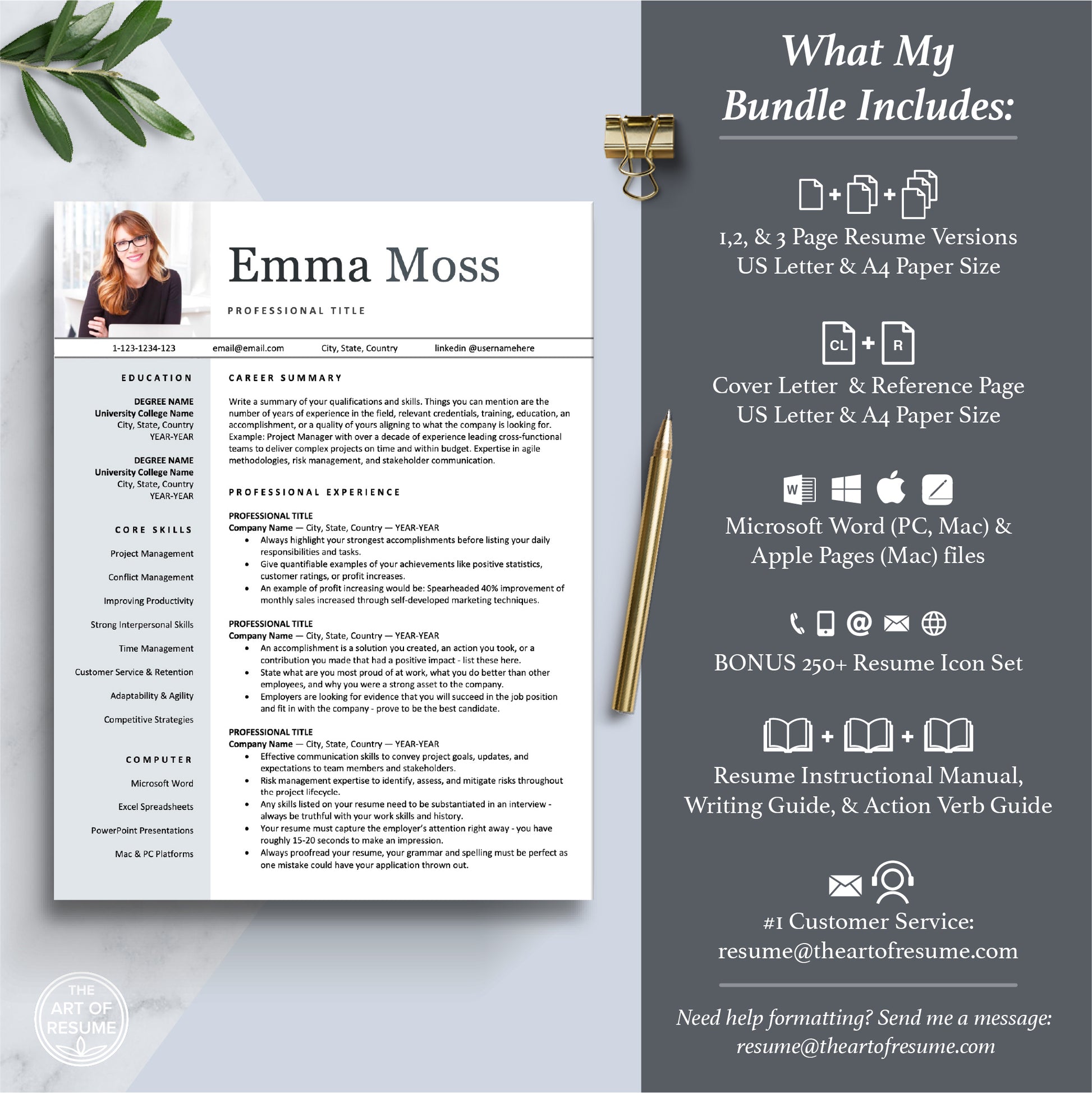 The Art of Resume Templates | Professional Resume CV Template Maker 3, Cover Letter, Reference Page, Mac, PC, A4 Paper, US size, Free Guide, The Art of Resume Writing, 250 Bonus Resume Icons